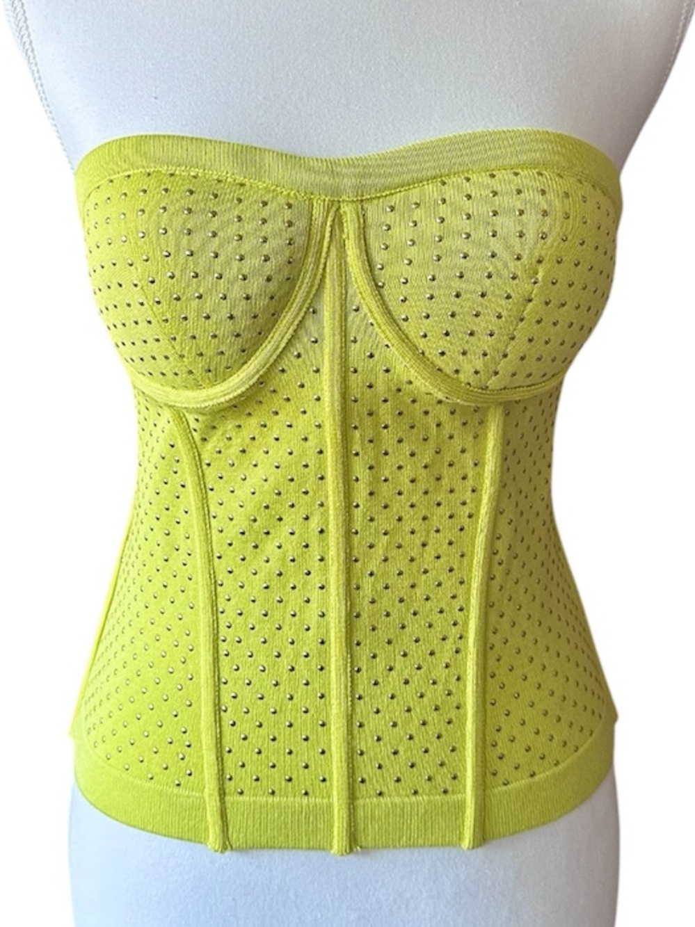 Sweetheart Bustier Knit Corset Top Neon Lime Green Yellow Gold Studs Padded - M